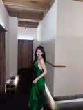 Sexy Sheath Spaghetti Straps Green Backless Satin Long Prom Dresses Party Dress 20th Birthday Outfits Graduation Dresses HZ1121