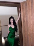 Sexy Sheath Spaghetti Straps Green Backless Satin Long Prom Dresses Party Dress 20th Birthday Outfits Graduation Dresses HZ1121