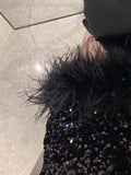 Classy Sheath Strapless Black Sequin Feathers Short Mini Formal 8th Grade Homecoming Dresses Middle School Hoco Court Dress 16th Birthday Dress Hoco Outfits HZ1121