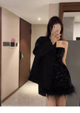 Classy Sheath Strapless Black Sequin Feathers Short Mini Formal 8th Grade Homecoming Dresses Middle School Hoco Court Dress 16th Birthday Dress Hoco Outfits HZ1121