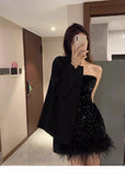 Classy Sheath Strapless Black Sequin Feathers Short Mini Formal 8th Grade Homecoming Dresses Middle School Hoco Court Dress 16th Birthday Dress Hoco Outfits HZ1121