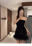 Classy Sheath Strapless Black Sequin Feathers Short Mini Formal 8th Grade Homecoming Dresses Middle School Hoco Court Dress 16th Birthday Dress Hoco Outfits HZ1121
