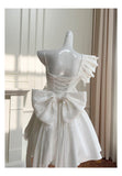 Cute A Line One Shoulder White Satin Short Mini Formal 8th Grade Homecoming Dresses High School Hoco Court Dress Graduation Dress Cocktail Outfits HZ1121