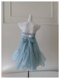 Pretty A Line Spaghetti Straps Blue Open Backs Grad Dress Inspo Short Mini Formal 8th Grade Homecoming Dresses High School Hoco Court Dress Graduation Dress Hoco Outfits HZ1121