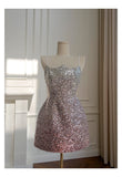 Cute A Line Spaghetti Straps Pink Sequin Grad Dress Inspo Formal 8th Grade Homecoming Dresses High School Hoco Court Dress Graduation Dress Hoco Outfits HZ1121