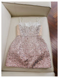 Cute A Line Spaghetti Straps Pink Sequin Grad Dress Inspo Formal 8th Grade Homecoming Dresses High School Hoco Court Dress Short Graduation Dress With Cape HZ1121