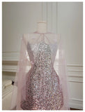 Cute A Line Spaghetti Straps Pink Sequin Grad Dress Inspo Formal 8th Grade Homecoming Dresses High School Hoco Court Dress Short Graduation Dress With Cape HZ1121