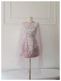 Cute A Line Spaghetti Straps Pink Sequin Grad Dress Inspo Formal 8th Grade Homecoming Dresses High School Hoco Court Dress Short Graduation Dress With Cape HZ1121