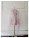 Cute A Line Spaghetti Straps Pink Sequin Grad Dress Inspo Formal 8th Grade Homecoming Dresses High School Hoco Court Dress Short Graduation Dress With Cape HZ1121