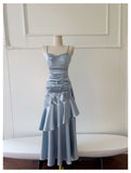 Sexy Mermaid Spaghetti Straps Dusty Blue Satin Long Prom Dresses Party Dress 20th Birthday Outfits Graduation Dresses HZ1121