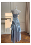 Sexy Mermaid Spaghetti Straps Dusty Blue Satin Long Prom Dresses Party Dress 20th Birthday Outfits Graduation Dresses HZ1121