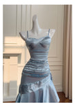 Sexy Mermaid Spaghetti Straps Dusty Blue Satin Long Prom Dresses Party Dress 20th Birthday Outfits Graduation Dresses HZ1121