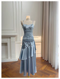 Sexy Mermaid Spaghetti Straps Dusty Blue Satin Long Prom Dresses Party Dress 20th Birthday Outfits Graduation Dresses HZ1121