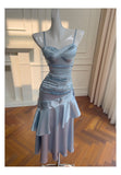 Sexy Mermaid Spaghetti Straps Dusty Blue Satin Long Prom Dresses Party Dress 20th Birthday Outfits Graduation Dresses HZ1121