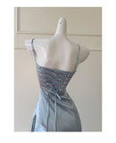 Simple Mermaid Spaghetti Straps Dusty Blue Satin Long Prom Dresses Party Dress 20th Birthday Outfits Graduation Dresses HZ1121