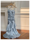 Simple Mermaid Spaghetti Straps Dusty Blue Satin Long Prom Dresses Party Dress 20th Birthday Outfits Graduation Dresses HZ1121