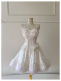 Pretty Ball Gown Spaghetti Straps Corset Back White Grad Dress Inspo Short Mini Formal 8th Grade Homecoming Dresses High School Hoco Court Dress Graduation Dress Hoco Outfits HZ1121