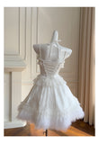 Pretty Ball Gown Spaghetti Straps Corset Back White Grad Dress Inspo Short Mini Formal 8th Grade Homecoming Dresses High School Hoco Court Dress Graduation Dress Hoco Outfits HZ1121