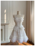 Pretty Ball Gown Spaghetti Straps Corset Back White Grad Dress Inspo Short Mini Formal 8th Grade Homecoming Dresses High School Hoco Court Dress Graduation Dress Cocktail Birthday Outfits HZ1121