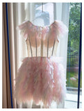 Pretty Ball Gown V Neck Pink Grad Dress Inspo Short Mini Formal 8th Grade Homecoming Dresses High School Hoco Court Dress Graduation Dress Cocktail Birthday Outfits HZ1121