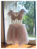 Pretty Ball Gown V Neck Pink Grad Dress Inspo Short Mini Formal 8th Grade Homecoming Dresses High School Hoco Court Dress Graduation Dress Cocktail Birthday Outfits HZ1121
