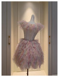 Cute Ball Gown V Neck Pink Grad Dress Inspo Short Mini Formal 8th Grade Homecoming Dresses High School Hoco Court Dress Graduation Dress Cocktail Birthday Outfits HZ1121
