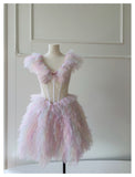 Cute Ball Gown V Neck Pink Grad Dress Inspo Short Mini Formal 8th Grade Homecoming Dresses High School Hoco Court Dress Graduation Dress Cocktail Birthday Outfits HZ1121