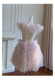 Cute Ball Gown V Neck Pink Grad Dress Inspo Short Mini Formal 8th Grade Homecoming Dresses High School Hoco Court Dress Graduation Dress Cocktail Birthday Outfits HZ1121