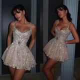 Classy A Line Straps Champagne Sequin Grad Dress Inspo Short Mini Formal 8th Grade Homecoming Dresses Middle School Hoco Court Dress Graduation Dress Cocktail Dress 16th Birthday Outfits HZ1121