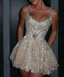 Classy A Line Straps Champagne Sequin Grad Dress Inspo Short Mini Formal 8th Grade Homecoming Dresses Middle School Hoco Court Dress Graduation Dress Cocktail Dress 16th Birthday Outfits HZ1121