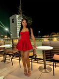Classy A Line Straps Red Satin Grad Dress Inspo Short Mini Formal 8th Grade Homecoming Dresses Middle School Hoco Court Dress Graduation Dress Cocktail Dress 16th Birthday Outfits HZ1121