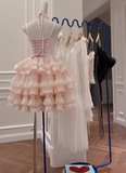 Modest Ball Gown Spaghetti Straps Pink Lace Grad Dress Inspo Short Mini Formal 8th Grade Homecoming Dresses High School Hoco Court Dress Graduation Dress Cocktail Gown Birthday Outfits HZ1121
