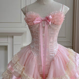 Modest Ball Gown Spaghetti Straps Pink Lace Grad Dress Inspo Short Mini Formal 8th Grade Homecoming Dresses High School Hoco Court Dress Graduation Dress Cocktail Gown Birthday Outfits HZ1121