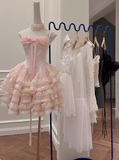 Modest Ball Gown Spaghetti Straps Pink Lace Grad Dress Inspo Short Mini Formal 8th Grade Homecoming Dresses High School Hoco Court Dress Graduation Dress Cocktail Gown Birthday Outfits HZ1121