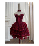 Modest Ball Gown Spaghetti Straps Burgundy Lace Grad Dress Inspo Short Mini Formal 8th Grade Homecoming Dresses High School Hoco Court Dress Graduation Dress Cocktail Gown Birthday Outfits HZ1121