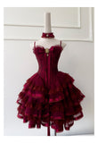 Modest Ball Gown Spaghetti Straps Burgundy Lace Grad Dress Inspo Short Mini Formal 8th Grade Homecoming Dresses High School Hoco Court Dress Graduation Dress Cocktail Gown Birthday Outfits HZ1121