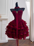 Modest Ball Gown Spaghetti Straps Burgundy Lace Grad Dress Inspo Short Mini Formal 8th Grade Homecoming Dresses High School Hoco Court Dress Graduation Dress Cocktail Gown Birthday Outfits HZ1121