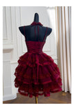 Modest Ball Gown Spaghetti Straps Burgundy Lace Grad Dress Inspo Short Mini Formal 8th Grade Homecoming Dresses High School Hoco Court Dress Graduation Dress Cocktail Gown Birthday Outfits HZ1121