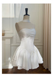 Pretty A Line Strapless Satin White Grad Dress Inspo Short Mini Formal 8th Grade Homecoming Dresses High School Hoco Court Dress Graduation Dress Cocktail Birthday Outfits HZ1121