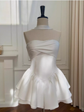 Pretty A Line Strapless Satin White Grad Dress Inspo Short Mini Formal 8th Grade Homecoming Dresses High School Hoco Court Dress Graduation Dress Cocktail Birthday Outfits HZ1121