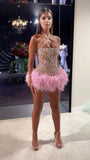 Sexy Sheath Halter Pink Sequin Feathers Short Mini Formal 8th Grade Homecoming Dresses Middle School Short Cocktail Gowns Graduation Dress Hoco Outfits HZ1121