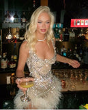 Sexy Sheath Square Neck Feathers Champagne Sequin Short Mini Formal 8th Grade Homecoming Dresses Middle School Short Birthday Gowns Graduation Dress Hoco Outfits HZ1121