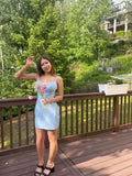 Modest Sheath Spaghetti Straps Light Sky Blue Sequin Short Mini Formal 8th Grade Homecoming Dresses Middle School Short Cocktail Gowns Graduation Dress Hoco Outfits HZ1121
