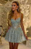 Modest A Line Spaghetti Straps Blue Sequin Short Mini Formal 8th Grade Homecoming Dresses Middle School Short Cocktail Gowns Graduation Dress Hoco Outfits HZ1121