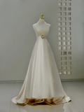 Princess Bridal Dress A Line Halter Ivory Satin Wedding Dress With Flower Wedding Dresses Modest Wedding Gowns HZ1121