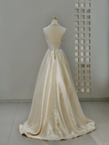Princess Bridal Dress A Line Halter Ivory Satin Wedding Dress With Flower Wedding Dresses Modest Wedding Gowns HZ1121