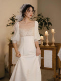 Romantic Wedding Gown Bridal Dress A Line Square Neck Satin Wedding Dress Ivory Wedding Dresses Modest Wedding Gowns HZ1121