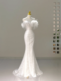 Princess Bridal Dress Mermaid Off The Shoulder White Sequin Feathers Wedding Dress Wedding Dresses Modest Wedding Gowns HZ1121
