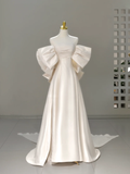 Princess Bridal Dress A line Off The Shoulder Ivory Satin Long Wedding Dress Simple Wedding Dresses Modest Wedding Gowns HZ1121