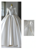 Princess Bridal Dress Ball Gown V Neck Ivory Satin Wedding Dress With Flower Wedding Dresses Modest Wedding Gowns HZ1121